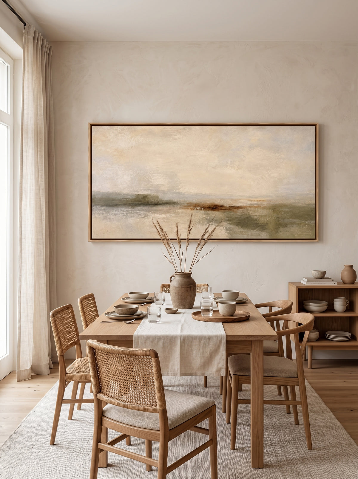 Hand-painted neutral abstract landscape displayed in an open dining room with modern organic decor.