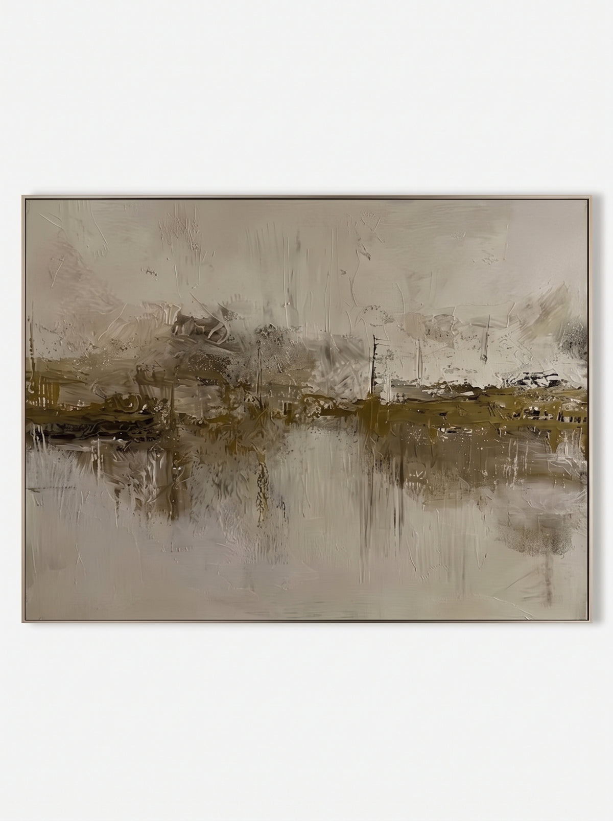 Wabi-Sabi horizontal olive marsh waterscape hand-painted textured canvas art by Evelyn Li in floating frame