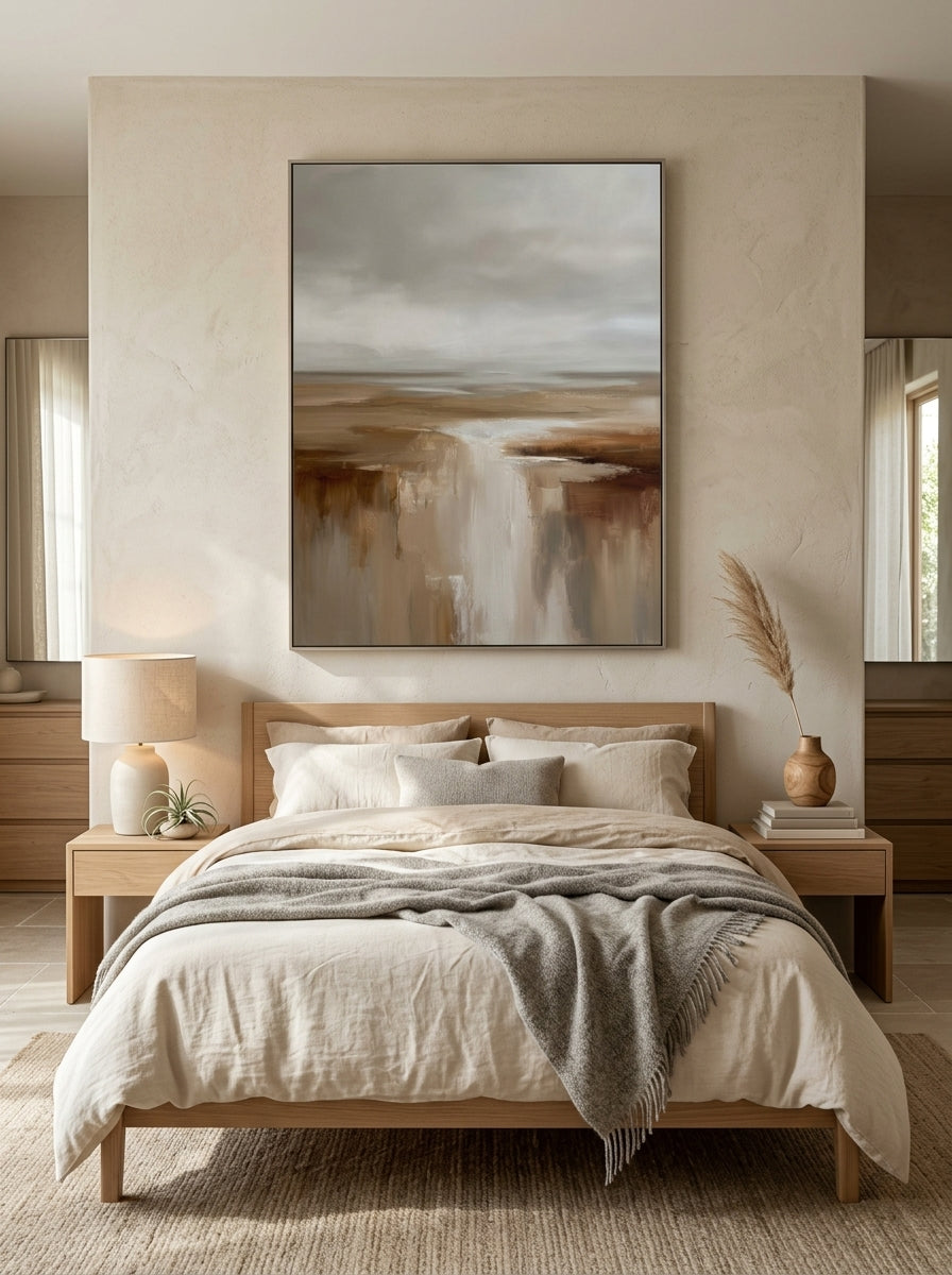 Serene warm earth tone coastal horizon canvas artwork hanging above a contemporary Japandi bedroom headboard
