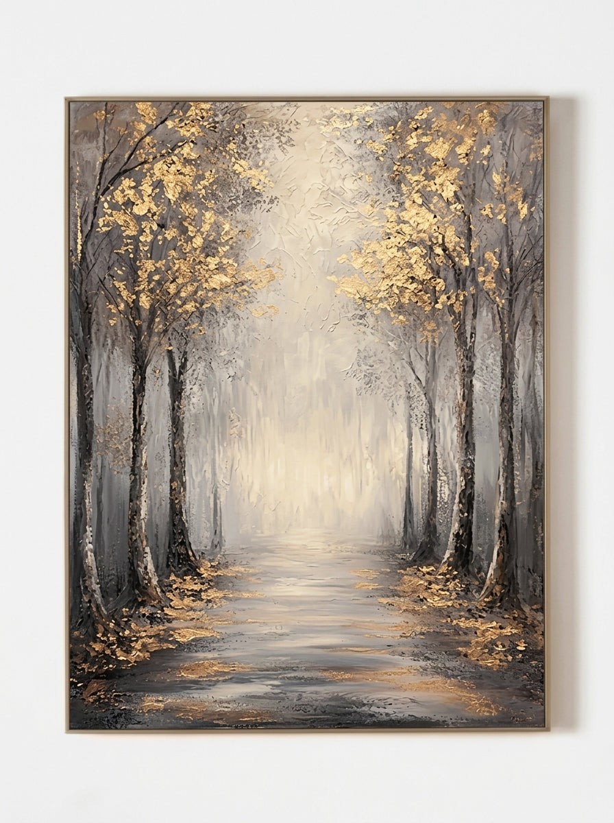 Wabi-Sabi vertical golden forest path textured hand-painted canvas art by Evelyn Li in floating frame