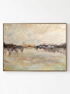 Modern Organic horizontal luminous lake waterscape hand-painted canvas art by Evelyn Li in floating frame