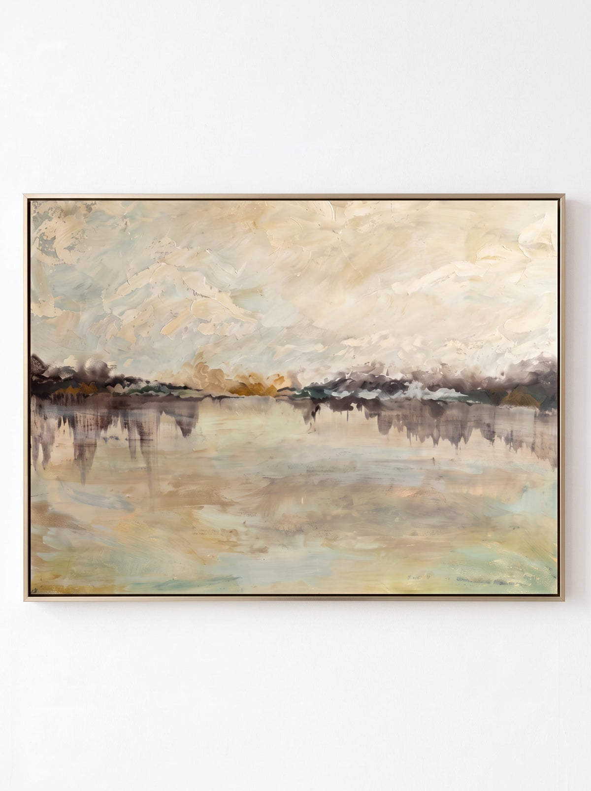 Modern Organic horizontal luminous lake waterscape hand-painted canvas art by Evelyn Li in floating frame