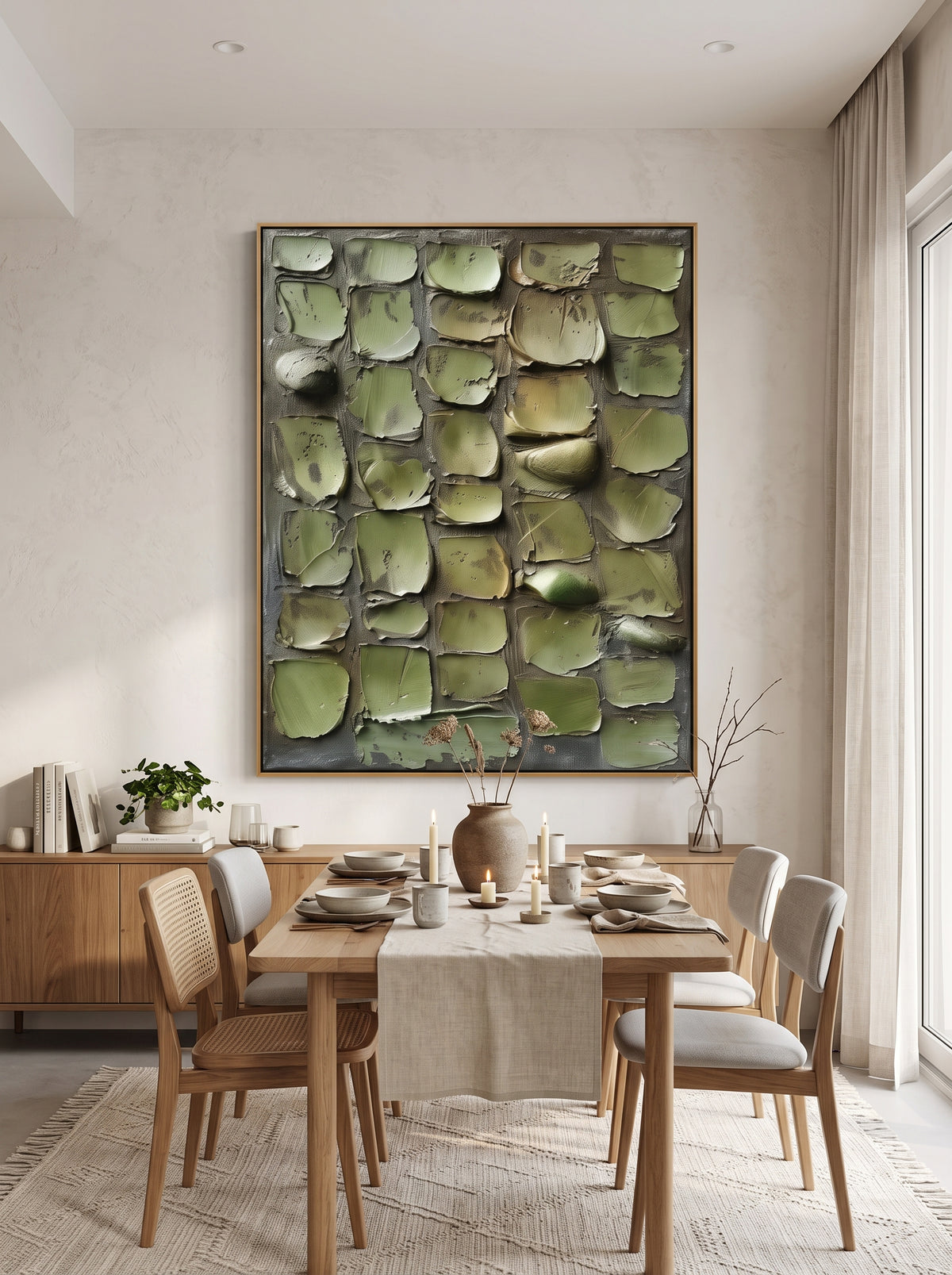 Framed vertical earthy green textured wall decor mounted in open-concept dining room with natural wood accents
