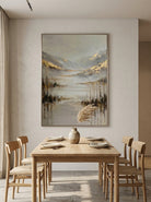 Large vertical warm neutral landscape canvas art styled on a contemporary open dining room wall
