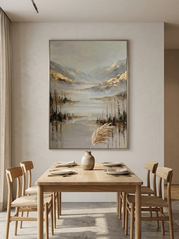 Large vertical warm neutral landscape canvas art styled on a contemporary open dining room wall