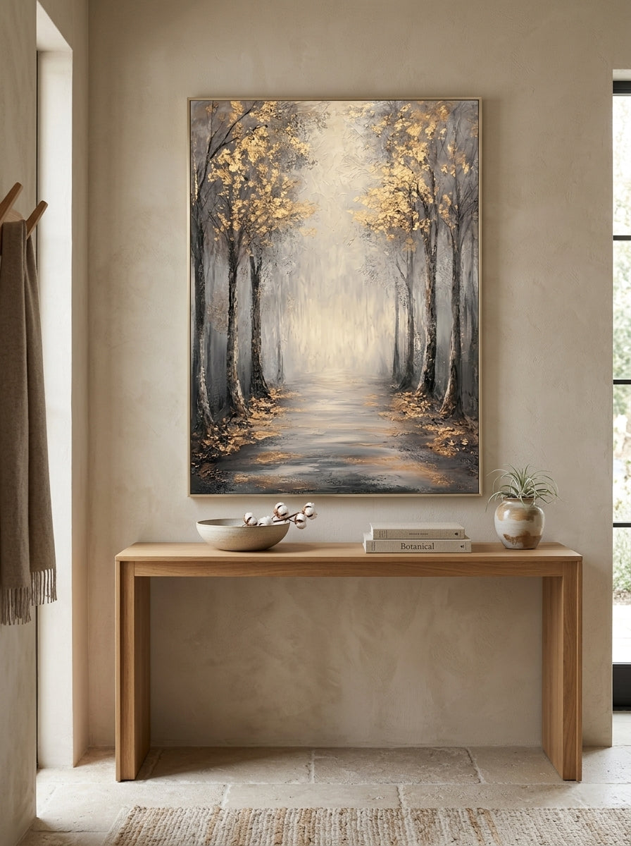 Framed textured golden woodland path painting placed over a modern wooden console table in an entryway