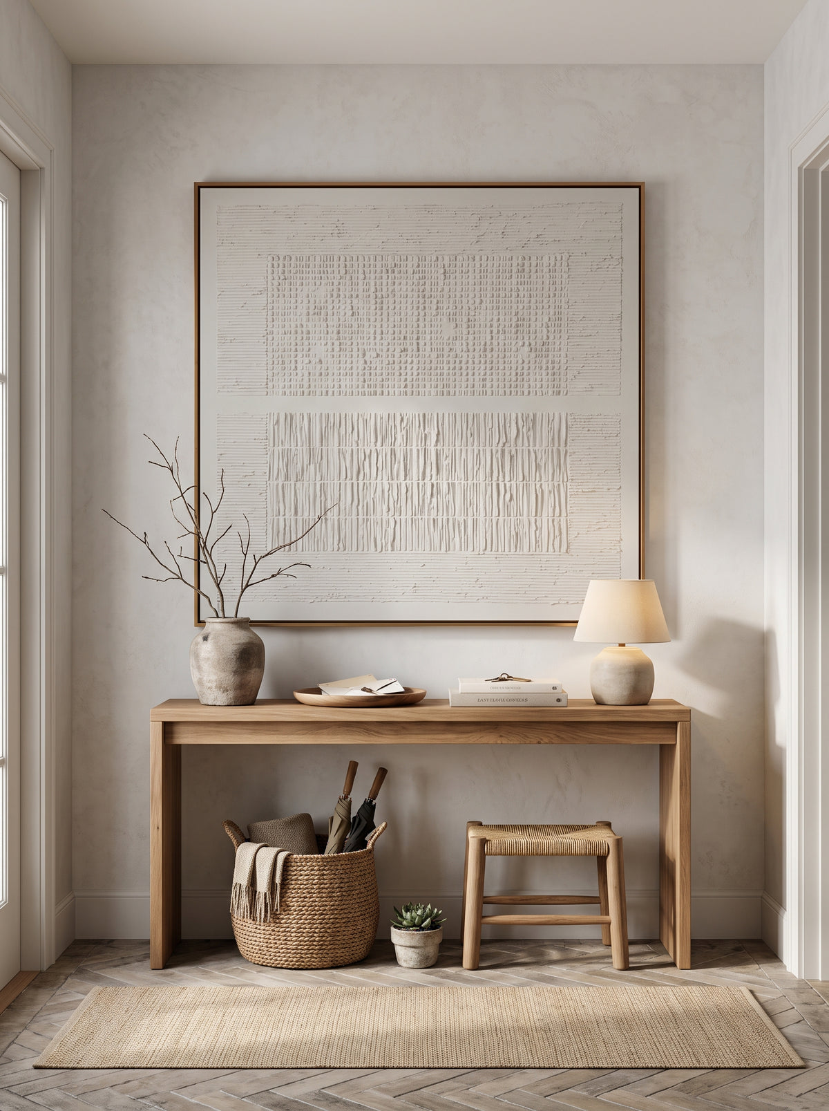 Architectural textured white geometric canvas painting mounted above modern entryway console table