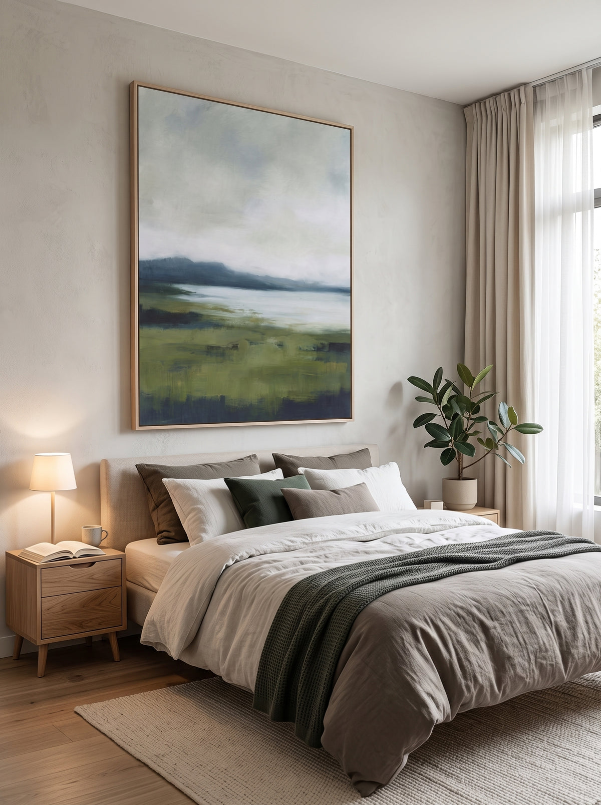 Serene olive green coastal field artwork hanging above a contemporary Japandi wooden bedroom headboard