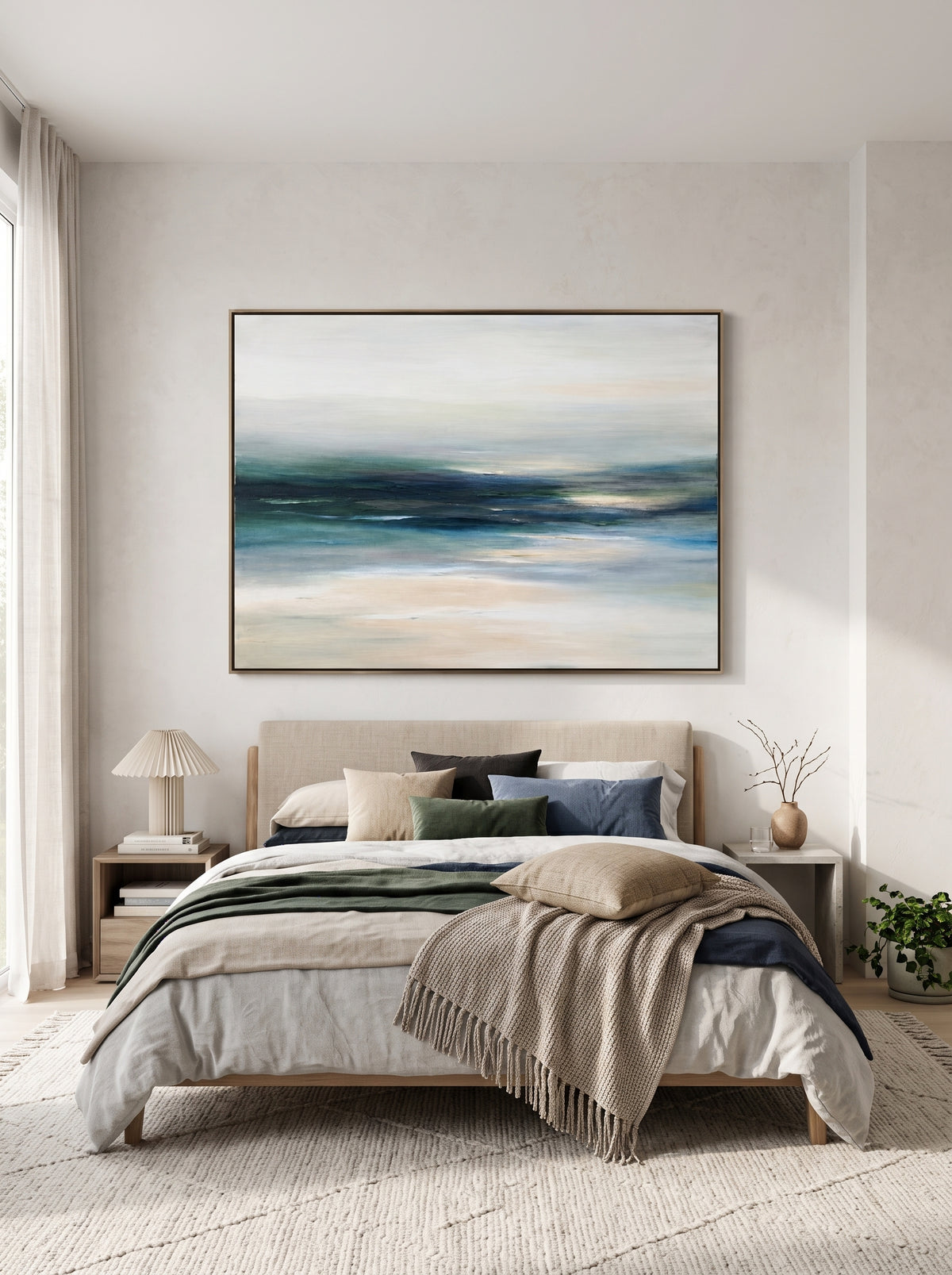 Calming green and blue coastal landscape painting by Evelyn Li hanging above bed in serene bedroom