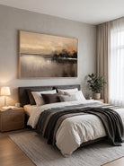 Serene warm earth tone twilight water reflection canvas artwork hanging above a Japandi wooden bedroom headboard