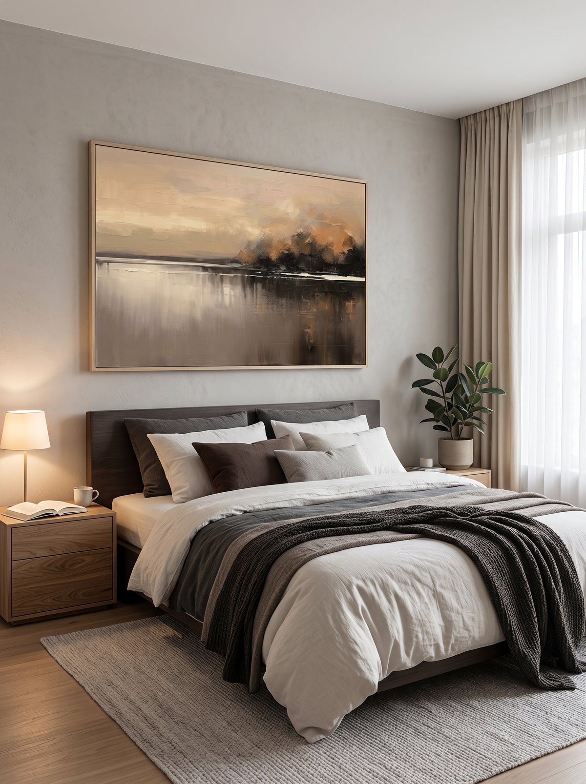 Serene warm earth tone twilight water reflection canvas artwork hanging above a Japandi wooden bedroom headboard