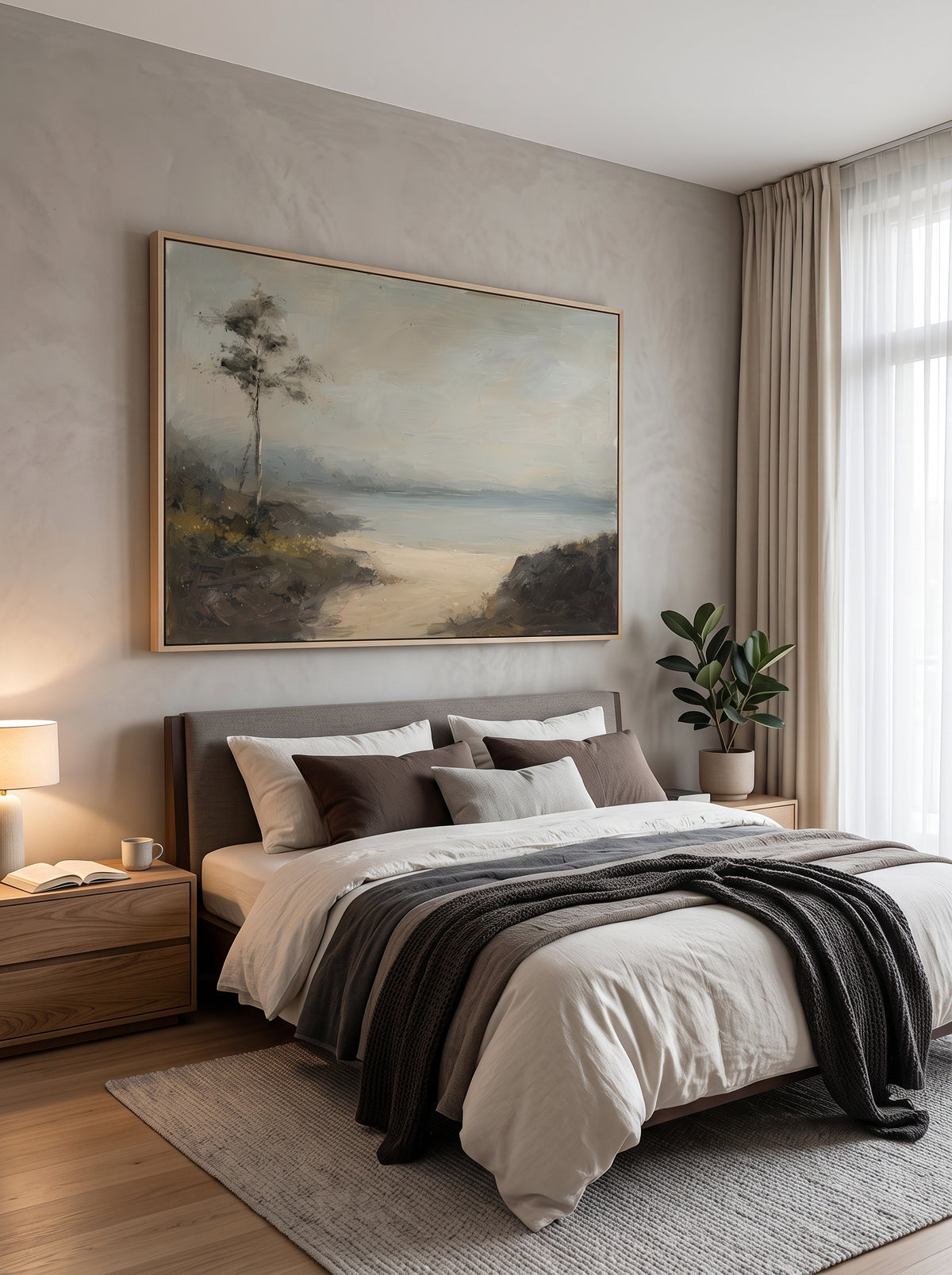 Serene warm sand and misty blue coastal canvas artwork hanging above a Japandi wooden bedroom headboard