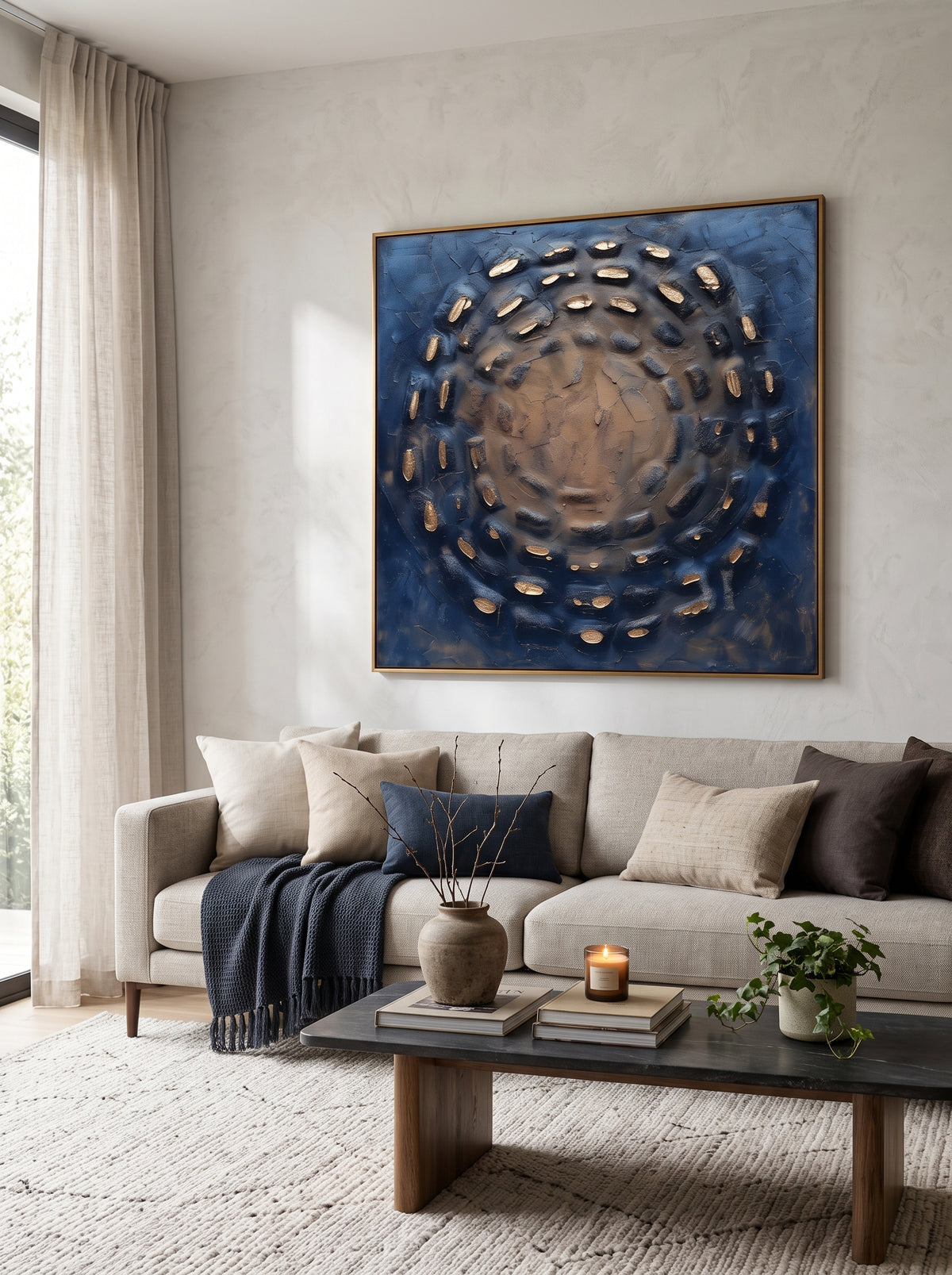 Square deep blue and bronze circular 3D textured canvas art hanging above modern sofa in minimalist living room