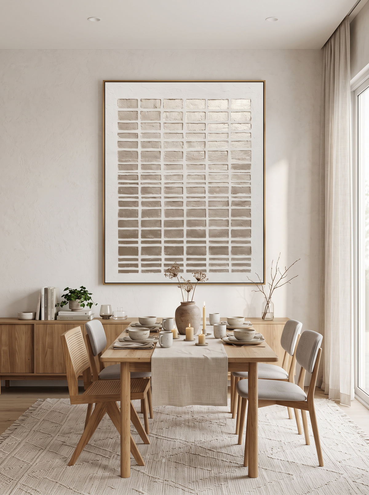 Framed vertical textured gold block artwork mounted in contemporary open-concept dining room with wood furniture