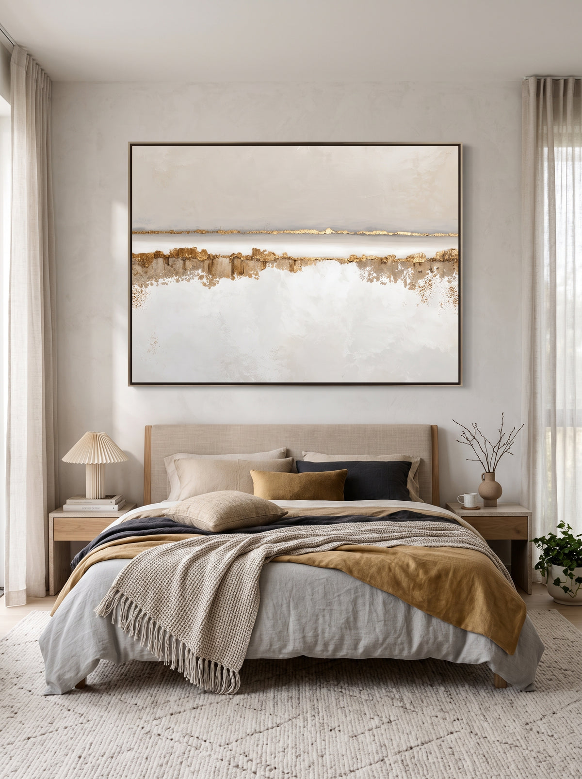 Calming minimalist gold leaf horizon artwork by Evelyn Li hanging above bed in organic modern bedroom