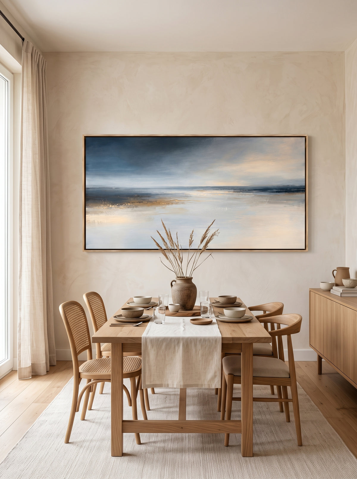 Framed horizontal textured coastal landscape artwork displayed in contemporary dining room with wood furniture