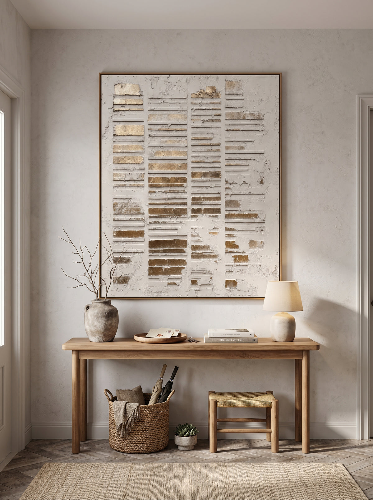 Architectural distressed gold relief canvas painting hung above minimalist console table in Japandi foyer