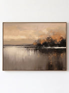 Wabi-Sabi horizontal autumn twilight waterscape hand-painted textured canvas art by Evelyn Li in floating frame