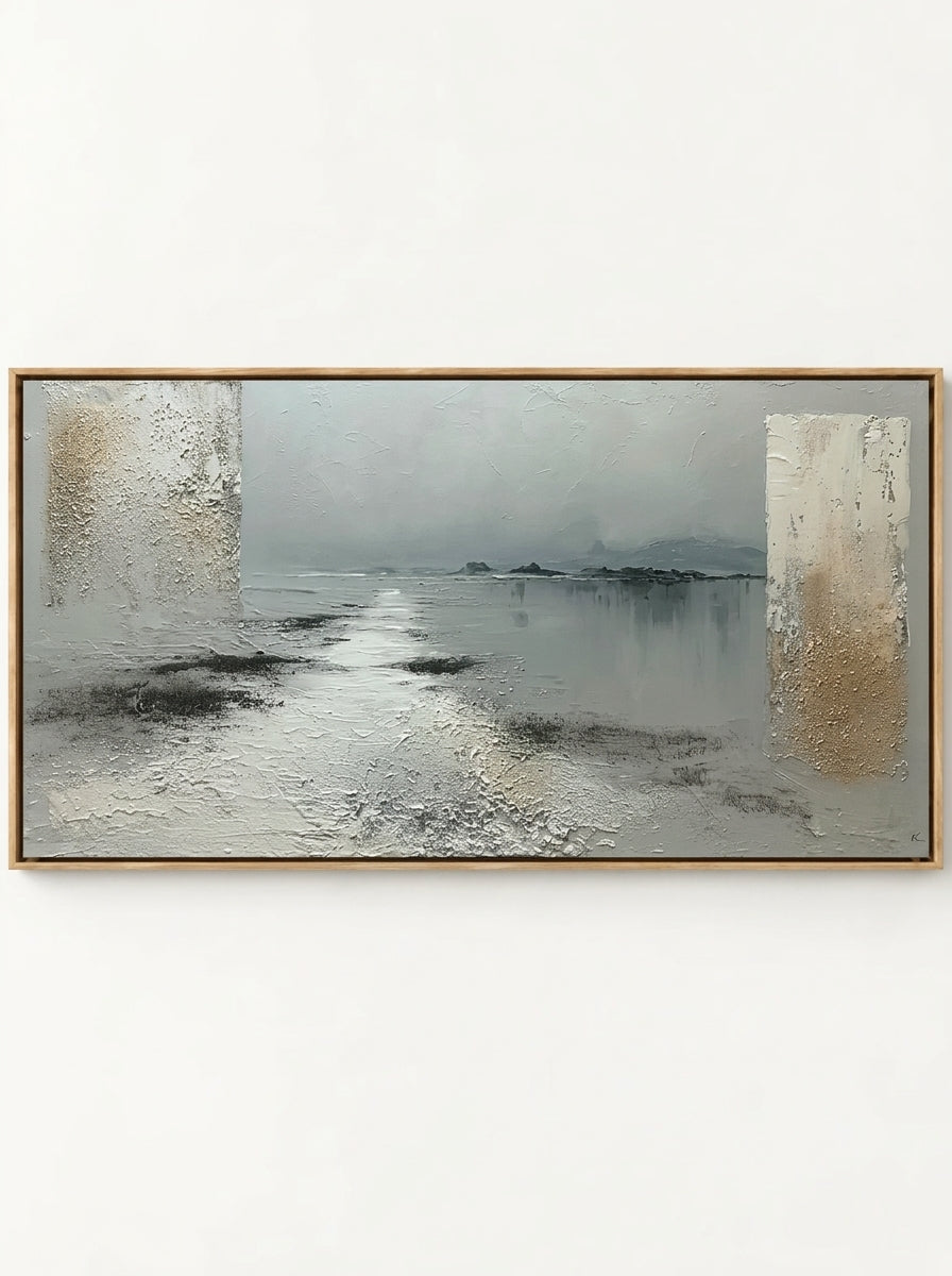 Wabi-Sabi textured misty lake landscape hand-painted canvas art by Evelyn Li