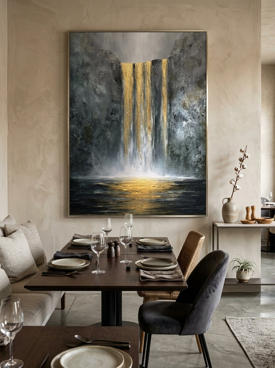 Oversized vertical golden water cascade canvas art displayed on an open-concept dining room accent wall