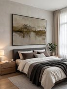 Calming earth tone marshland reflection canvas artwork hanging above a contemporary Japandi wooden bedroom headboard