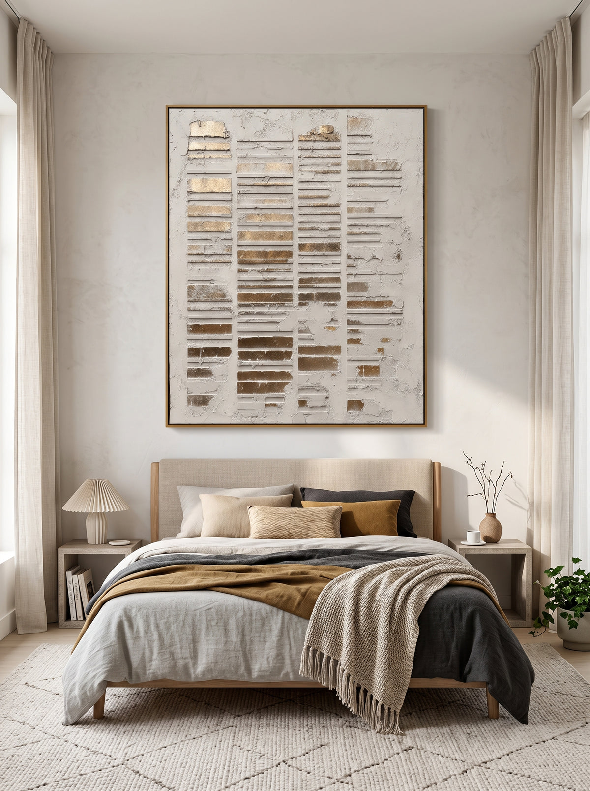 Tactile white plaster and antique gold wall art by Eliot Vermeer hanging in tranquil contemporary bedroom