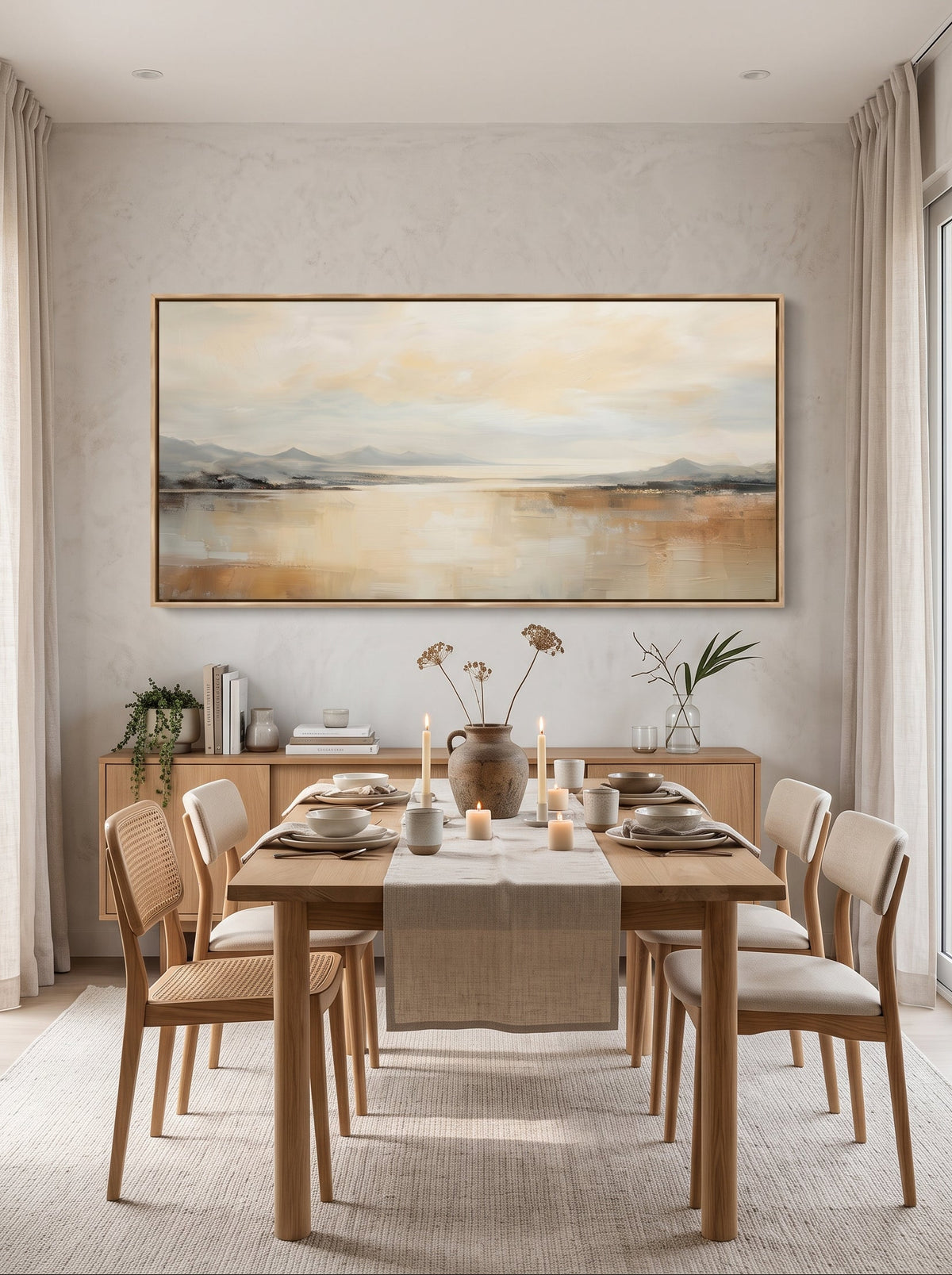 Textured horizontal earth-tone landscape artwork displayed in contemporary neutral dining room
