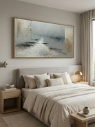 Minimalist calm lakeview oil painting hanging over a Japandi style wooden bedroom headboard