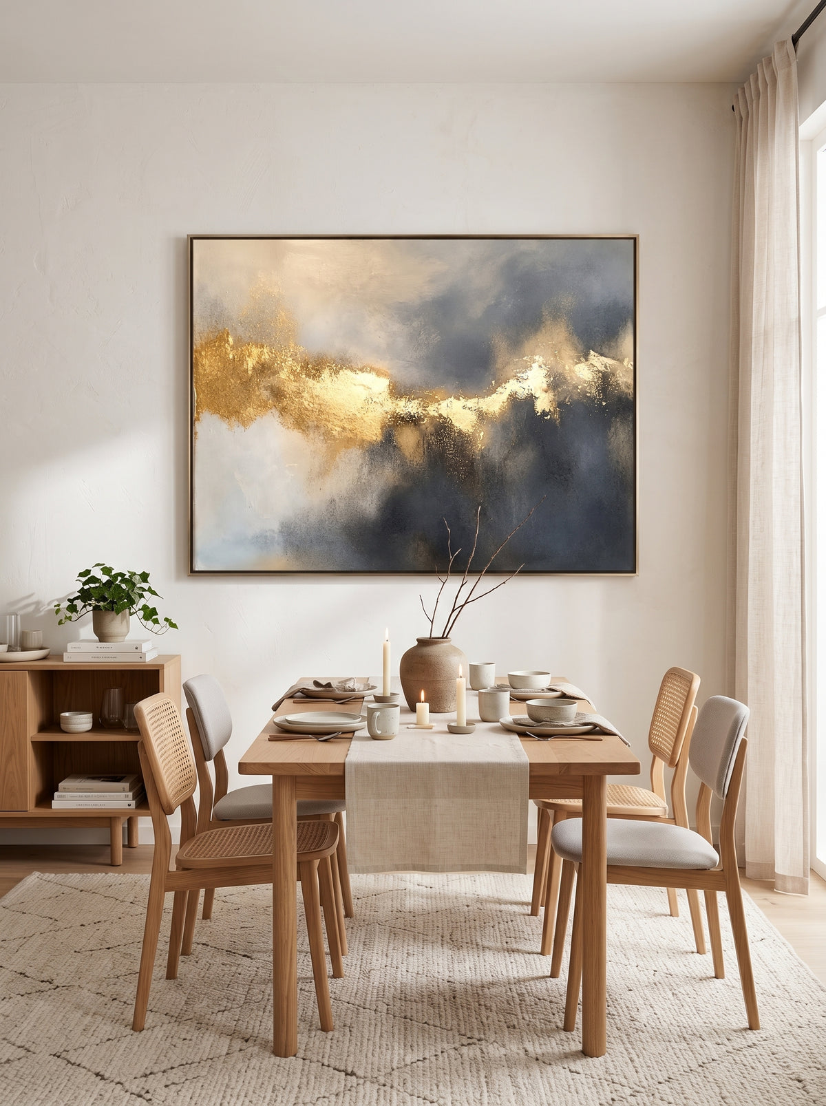 Framed horizontal textured gold horizon painting displayed in open-concept dining room with dark wood furniture