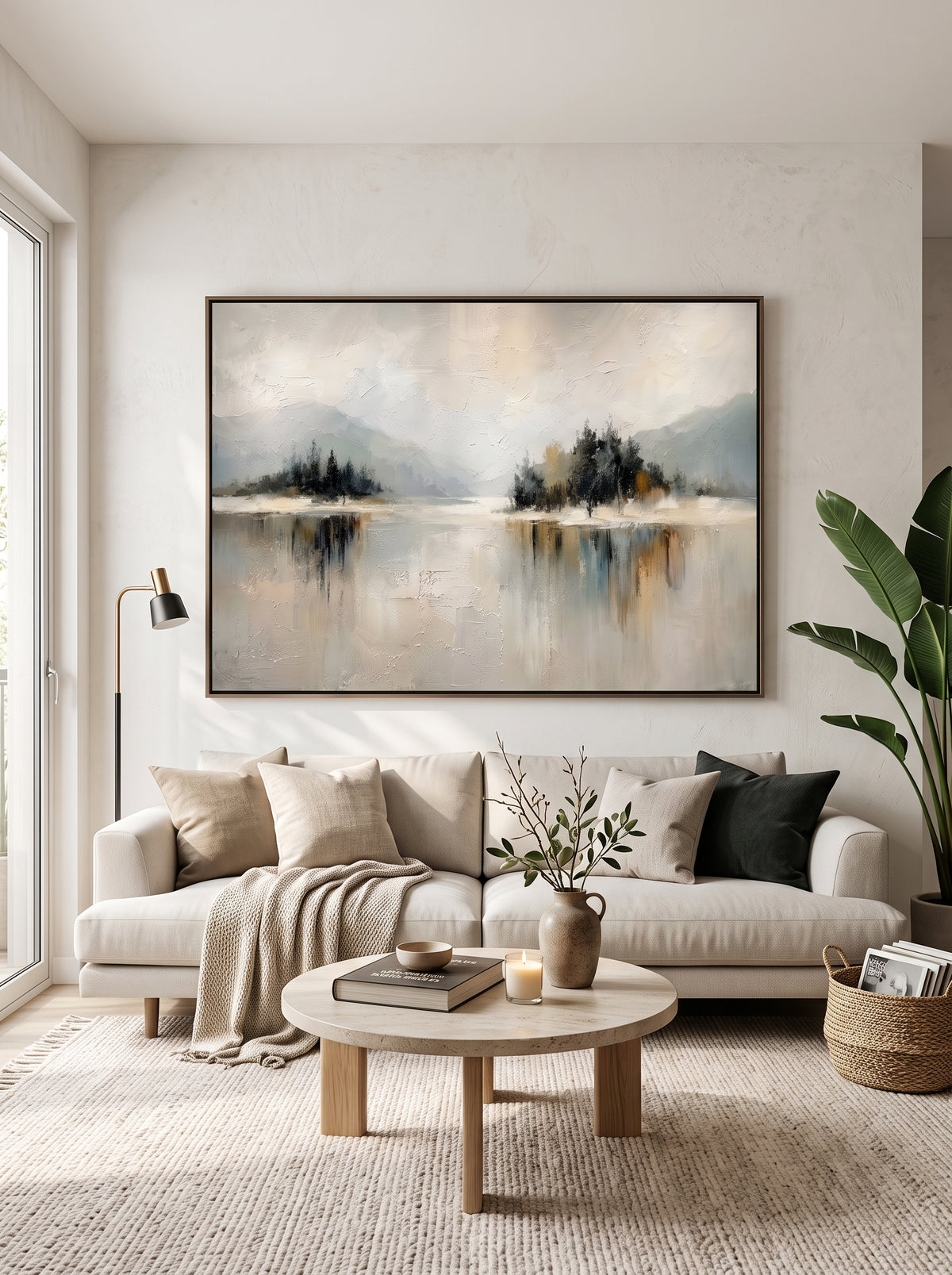 Large horizontal wabi-sabi lake reflection canvas wall art above modern neutral sofa in minimalist living room