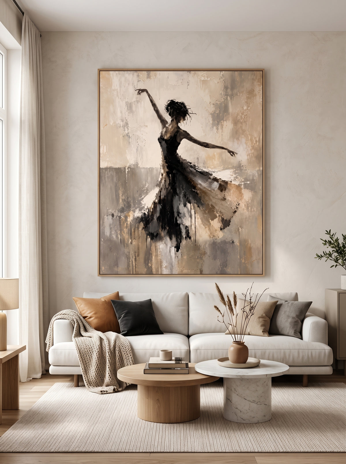 Abstract ballerina painting in black and neutral tones displayed in a sophisticated modern living room.