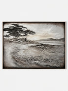 Wabi-Sabi horizontal coastal pine tree 3D textured hand-painted canvas art by Evelyn Li in floating frame