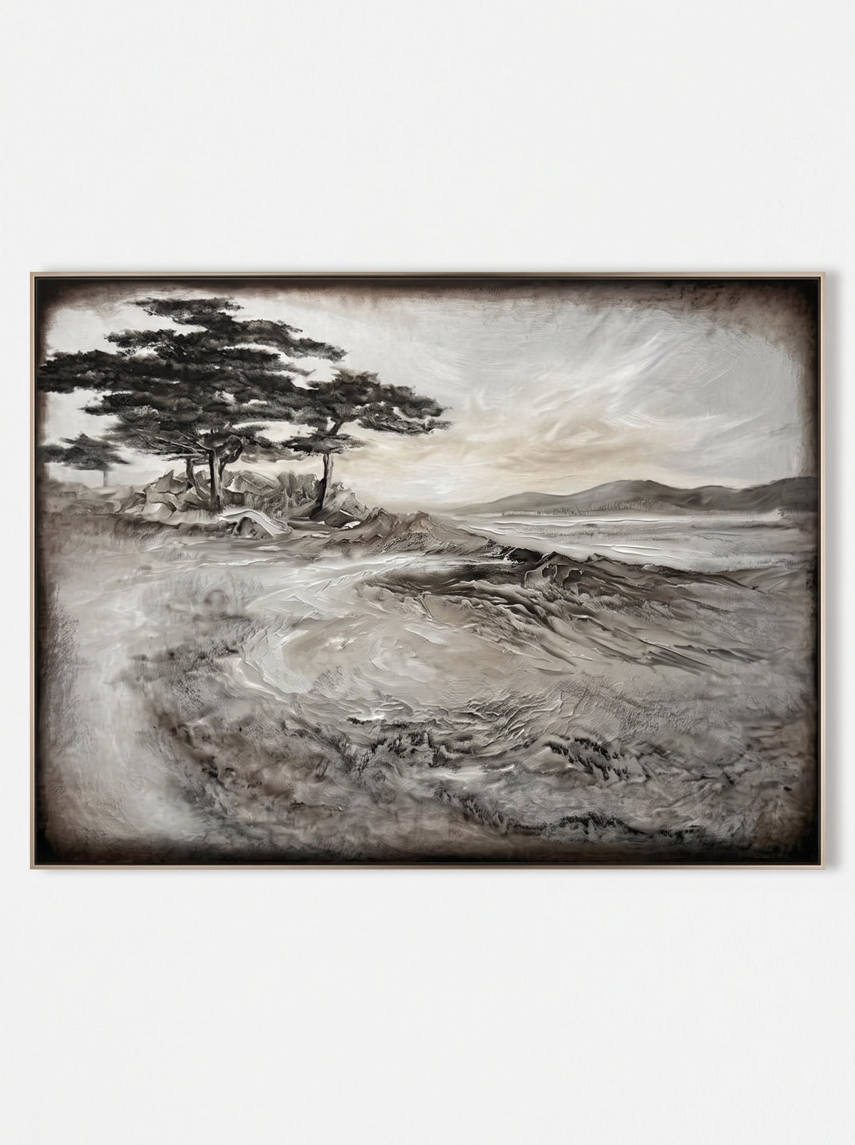 Wabi-Sabi horizontal coastal pine tree 3D textured hand-painted canvas art by Evelyn Li in floating frame