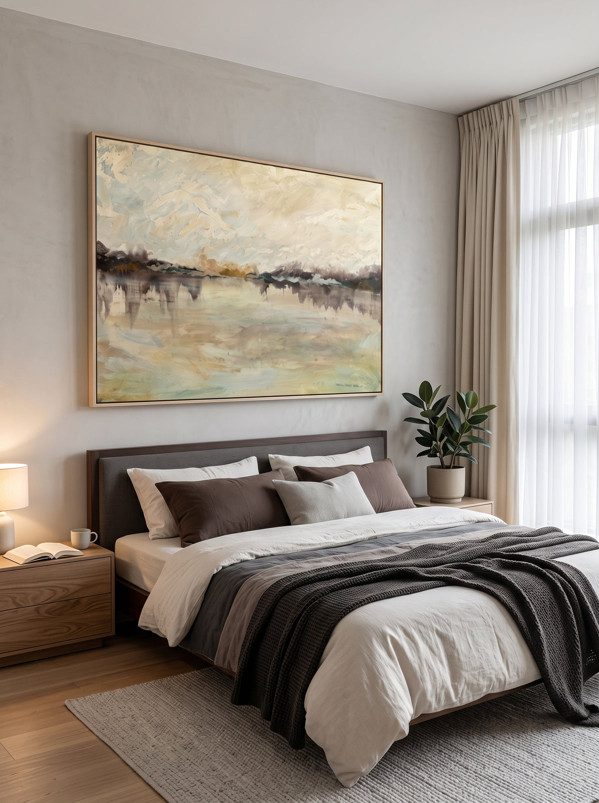 Serene warm beige and sage green water reflection canvas artwork hanging above a Japandi bedroom headboard