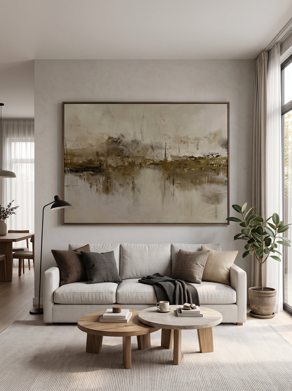 Oversized horizontal earthy olive green and beige abstract landscape painting mounted above a modern neutral sofa