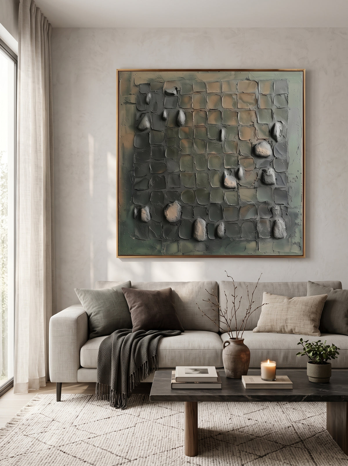 Square olive green and earth-tone 3D textured relief painting hanging above modern neutral sofa in minimalist living room