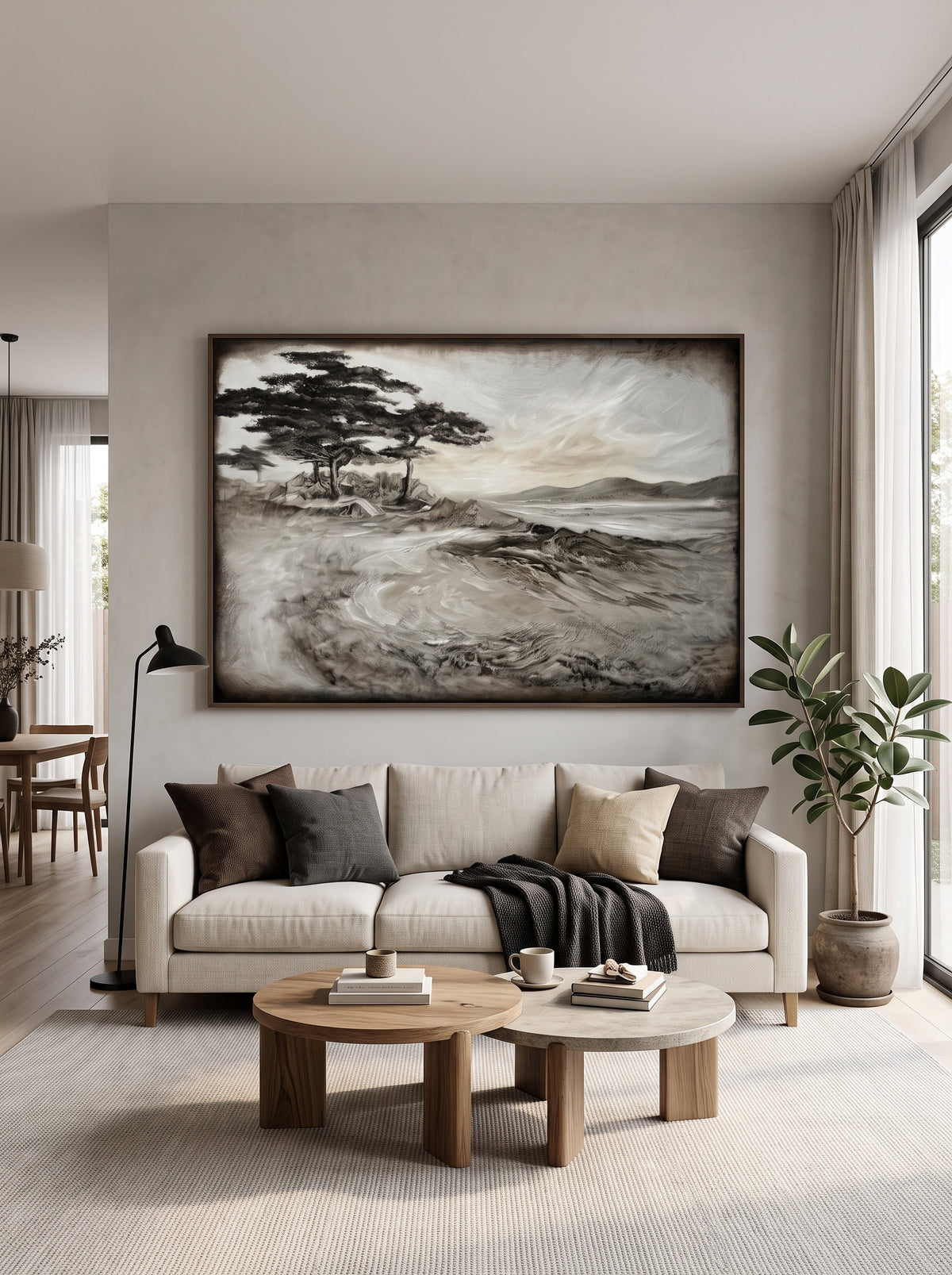 Oversized horizontal black and white textured pine tree landscape painting mounted above a modern neutral sofa