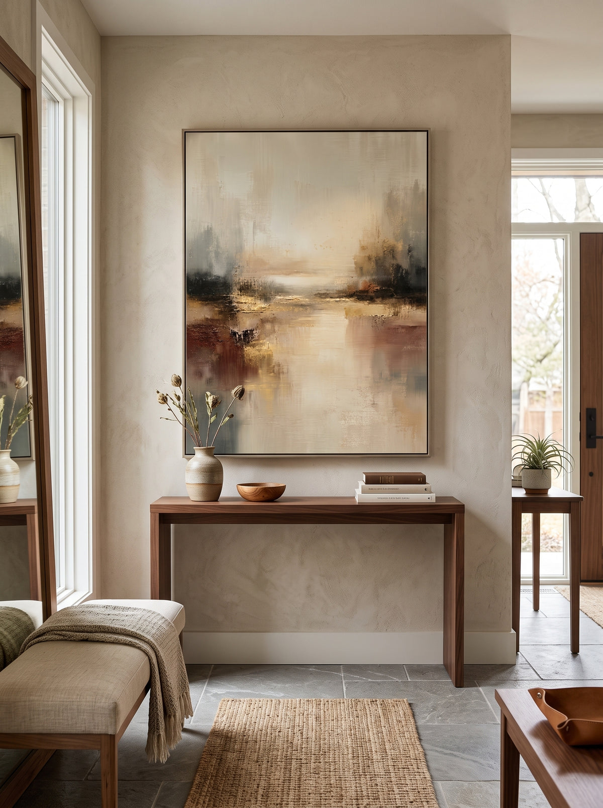 Framed textured misty river painting styled above a wooden console table in a warm modern entryway