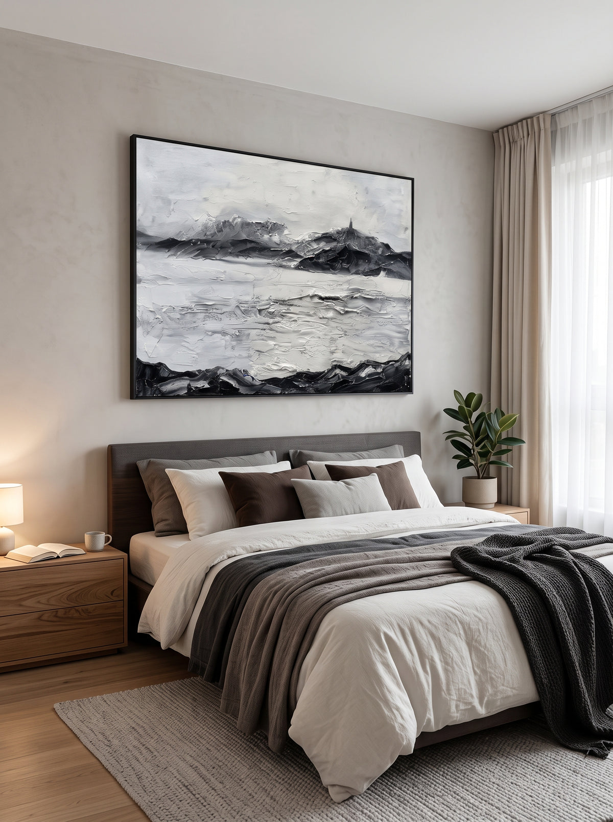 Monochrome heavy texture snow mountain and lake canvas artwork hanging above a Japandi bedroom headboard