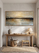 Minimalist horizontal textured horizon oil painting above wooden entryway console table