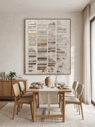 Framed vertical textured gold and off-white artwork mounted in modern dining room with natural wood accents