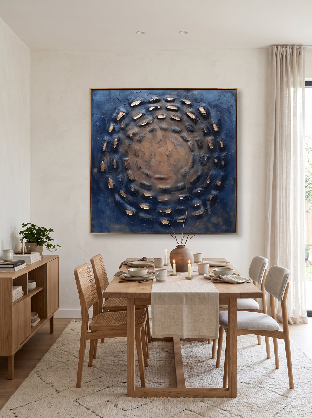 Framed textured indigo sculptural round wall decor mounted in contemporary dining room with natural wood accents