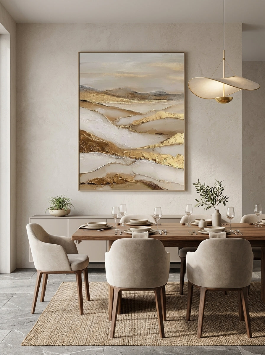 Large vertical warm gold and cream textured painting featured on an open-concept dining room accent wall