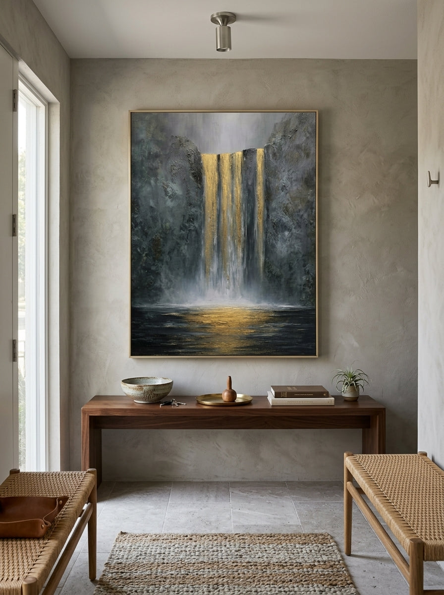 Framed textured golden waterfall painting styled above a wooden console table in a modern entryway