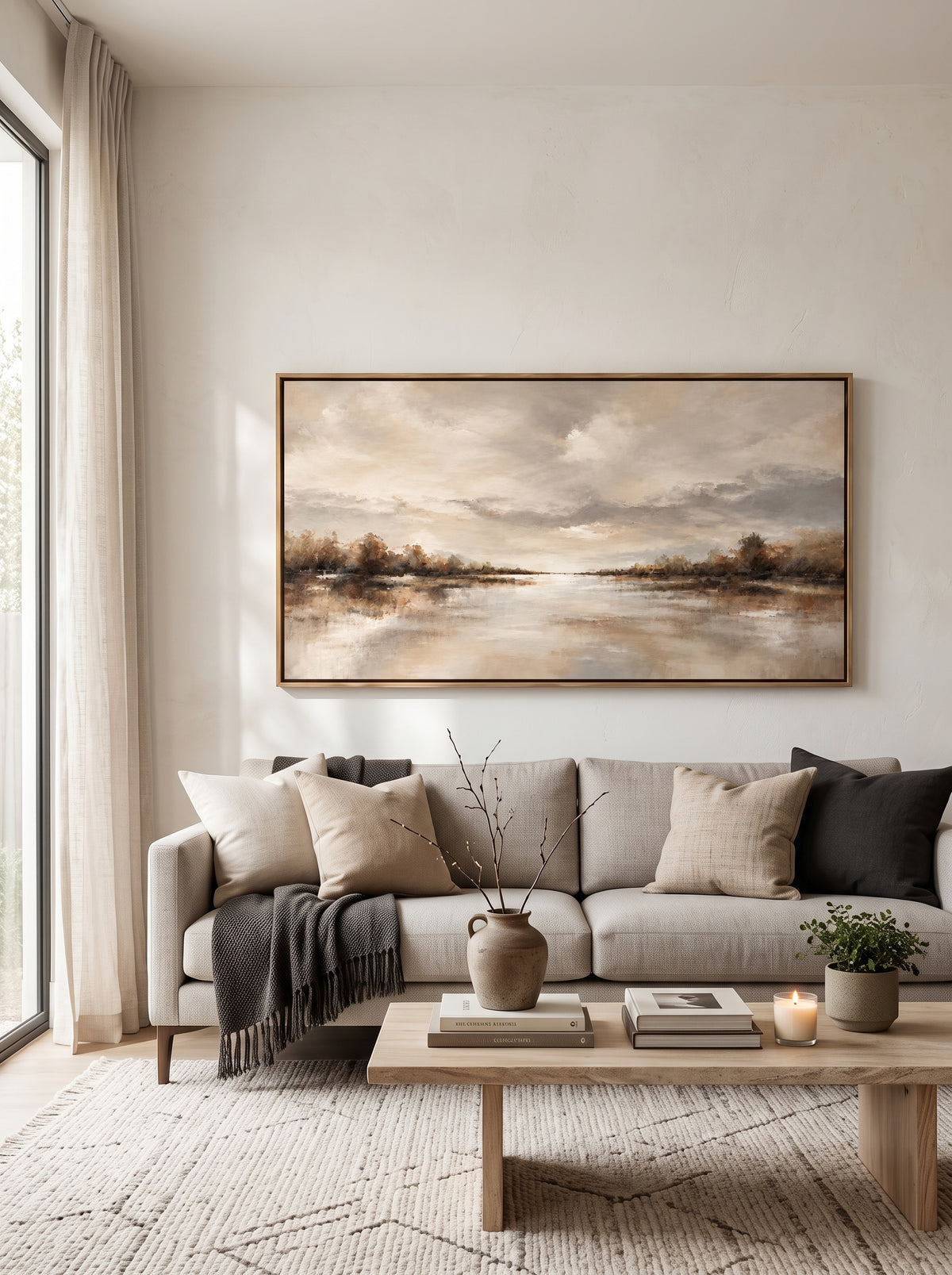 Large panoramic warm earth-tone lake landscape canvas wall art above modern sofa in minimalist living room