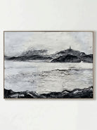 Wabi-Sabi horizontal snowy mountain waterscape 3D textured hand-painted canvas art by Evelyn Li in floating frame