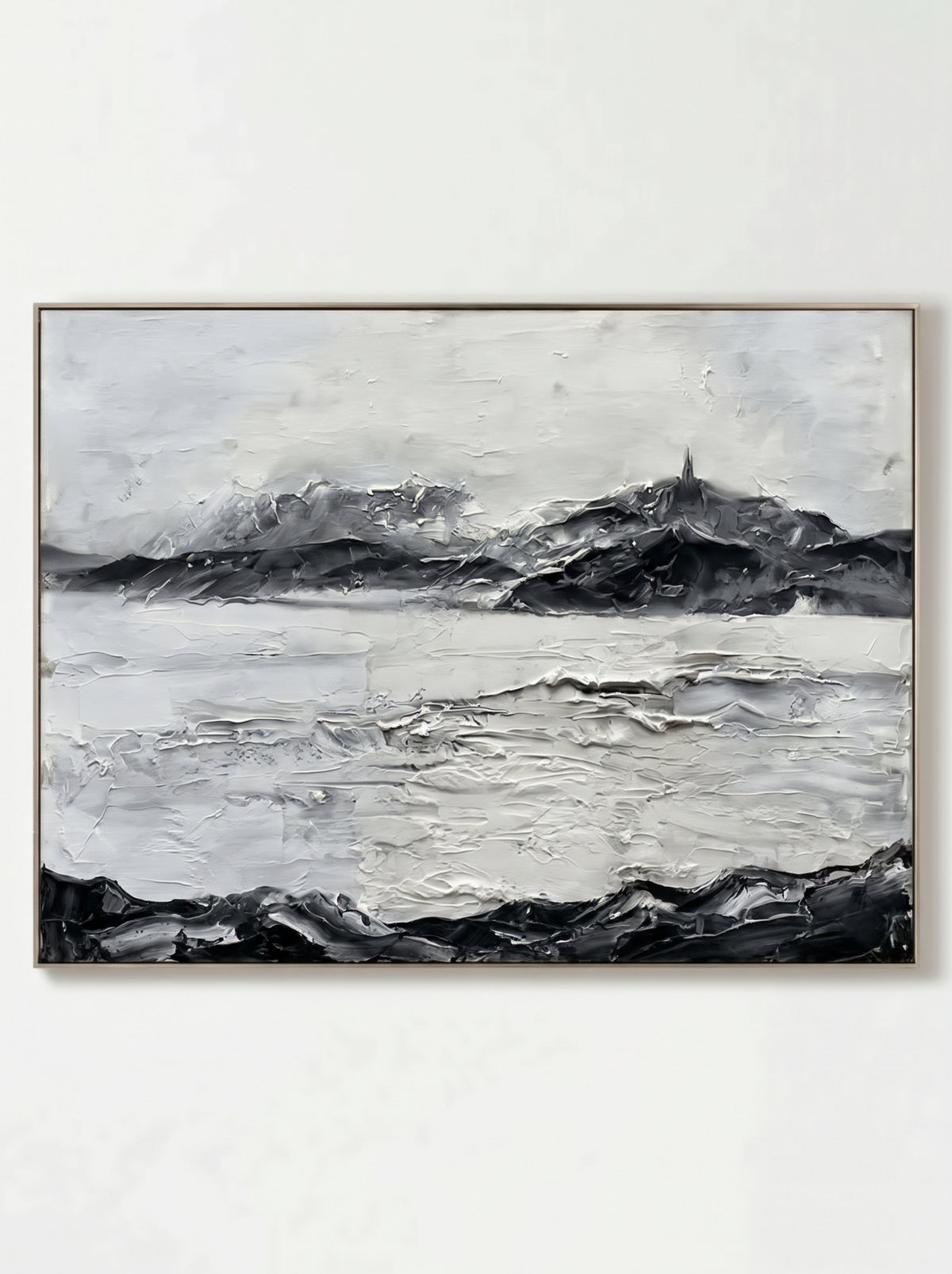 Wabi-Sabi horizontal snowy mountain waterscape 3D textured hand-painted canvas art by Evelyn Li in floating frame