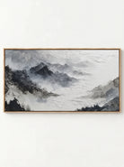 Minimalist black and white misty mountain oil painting with heavy texture by Evelyn Li - WABI Wall Art