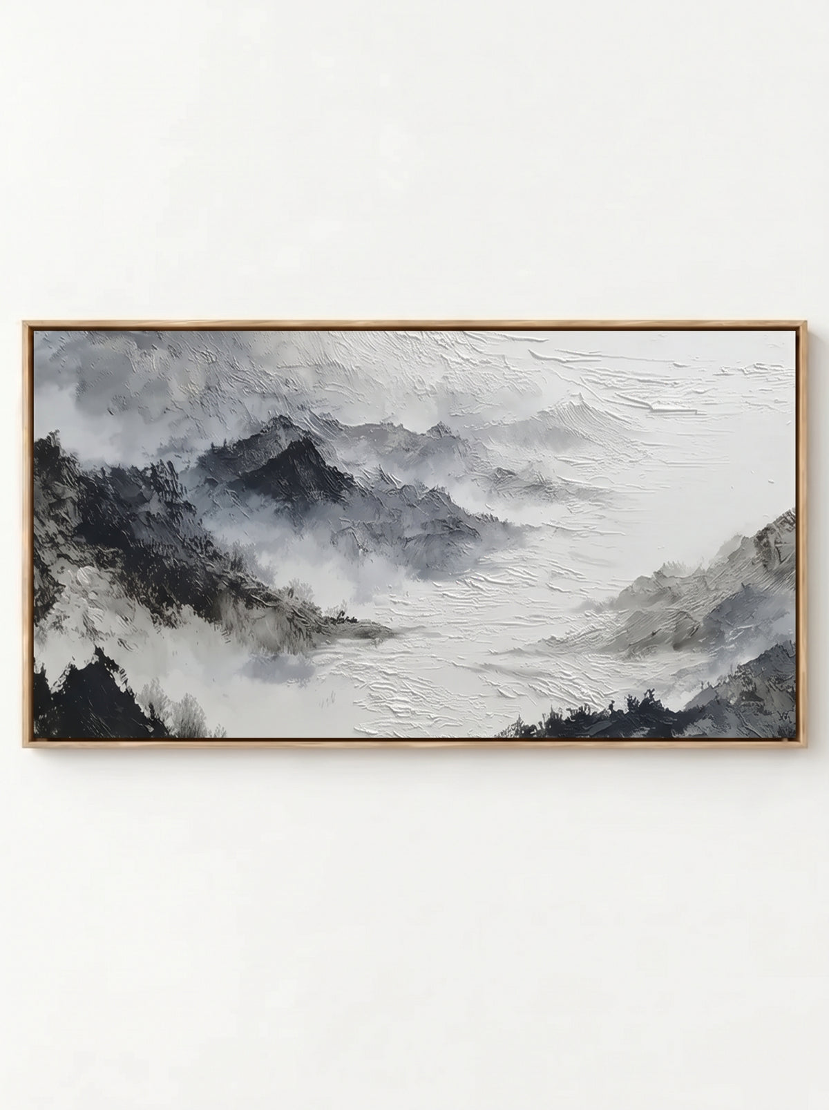Minimalist black and white misty mountain oil painting with heavy texture by Evelyn Li - WABI Wall Art