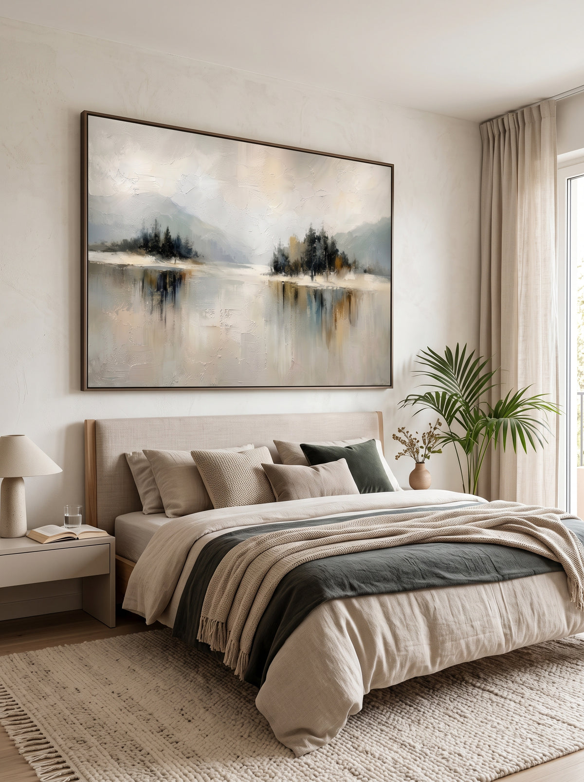 Neutral textured abstract landscape painting by Evelyn Li hanging above bed in serene organic modern bedroom